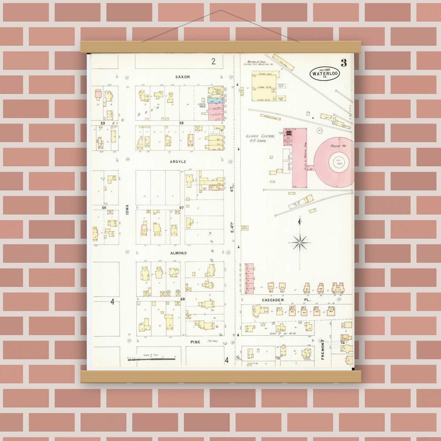 Old map wall art mockup — magnetic wood frame on brick wall — Sanborn Fire Insurance Map from Waterloo, Black Hawk County, Iowa (1897), Sheet #0003