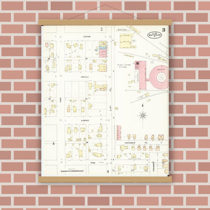 Old map wall art mockup — magnetic wood frame on brick wall — Sanborn Fire Insurance Map from Waterloo, Black Hawk County, Iowa (1897), Sheet #0003