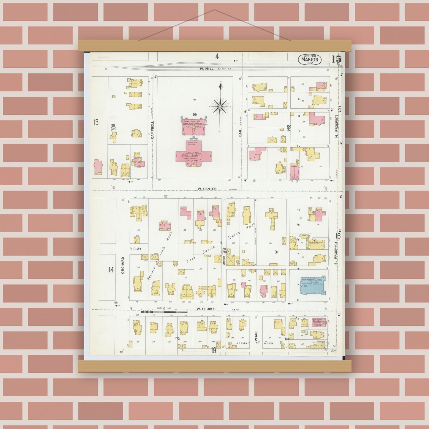 Old map wall art mockup — magnetic wood frame on brick wall — Sanborn Fire Insurance Map from Marion, Marion County, Ohio (1900), Sheet #0015