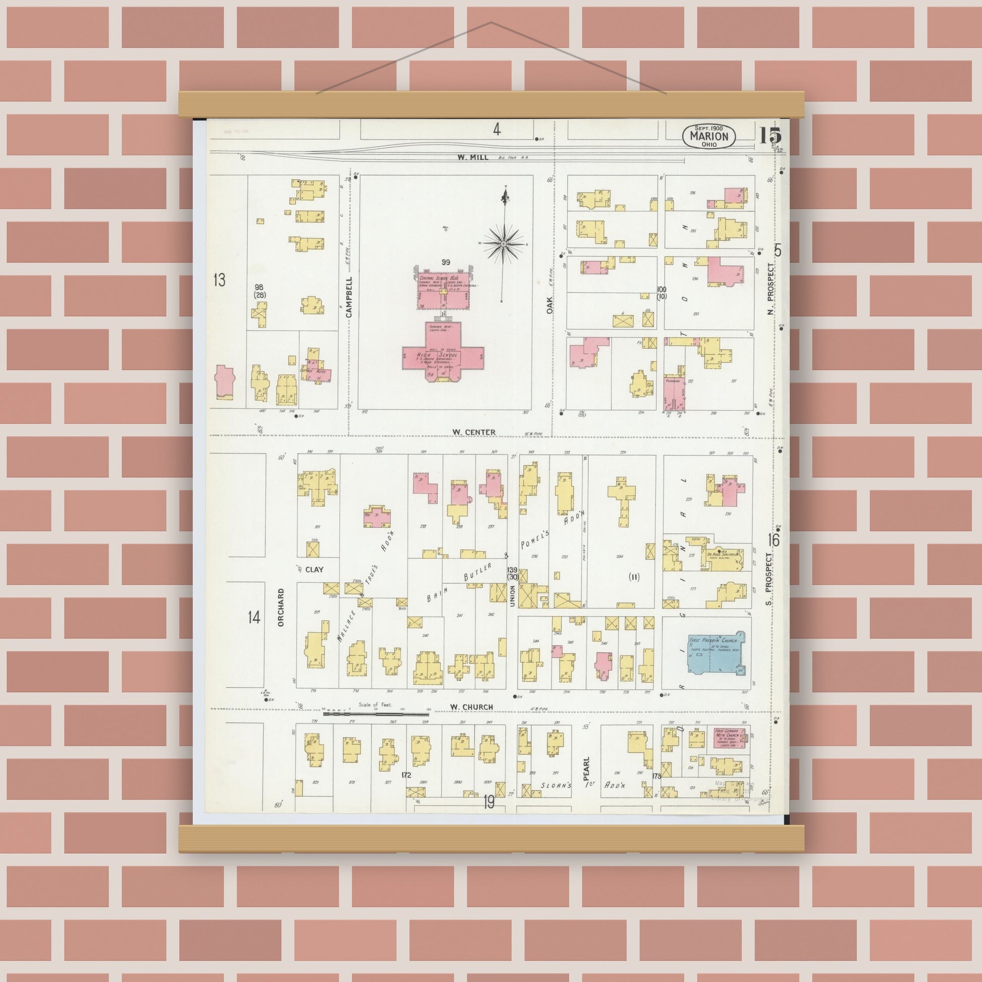 Old map wall art mockup — magnetic wood frame on brick wall — Sanborn Fire Insurance Map from Marion, Marion County, Ohio (1900), Sheet #0015