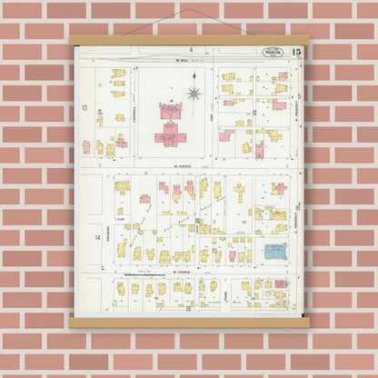 Old map wall art mockup — magnetic wood frame on brick wall — Sanborn Fire Insurance Map from Marion, Marion County, Ohio (1900), Sheet #0015