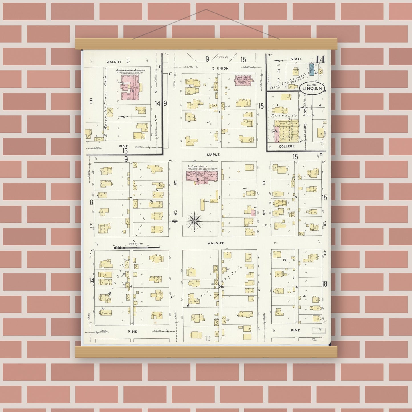 Old map wall art mockup — magnetic wood frame on brick wall — Sanborn Fire Insurance Map from Lincoln, Logan County, Illinois (1909), Sheet #0014