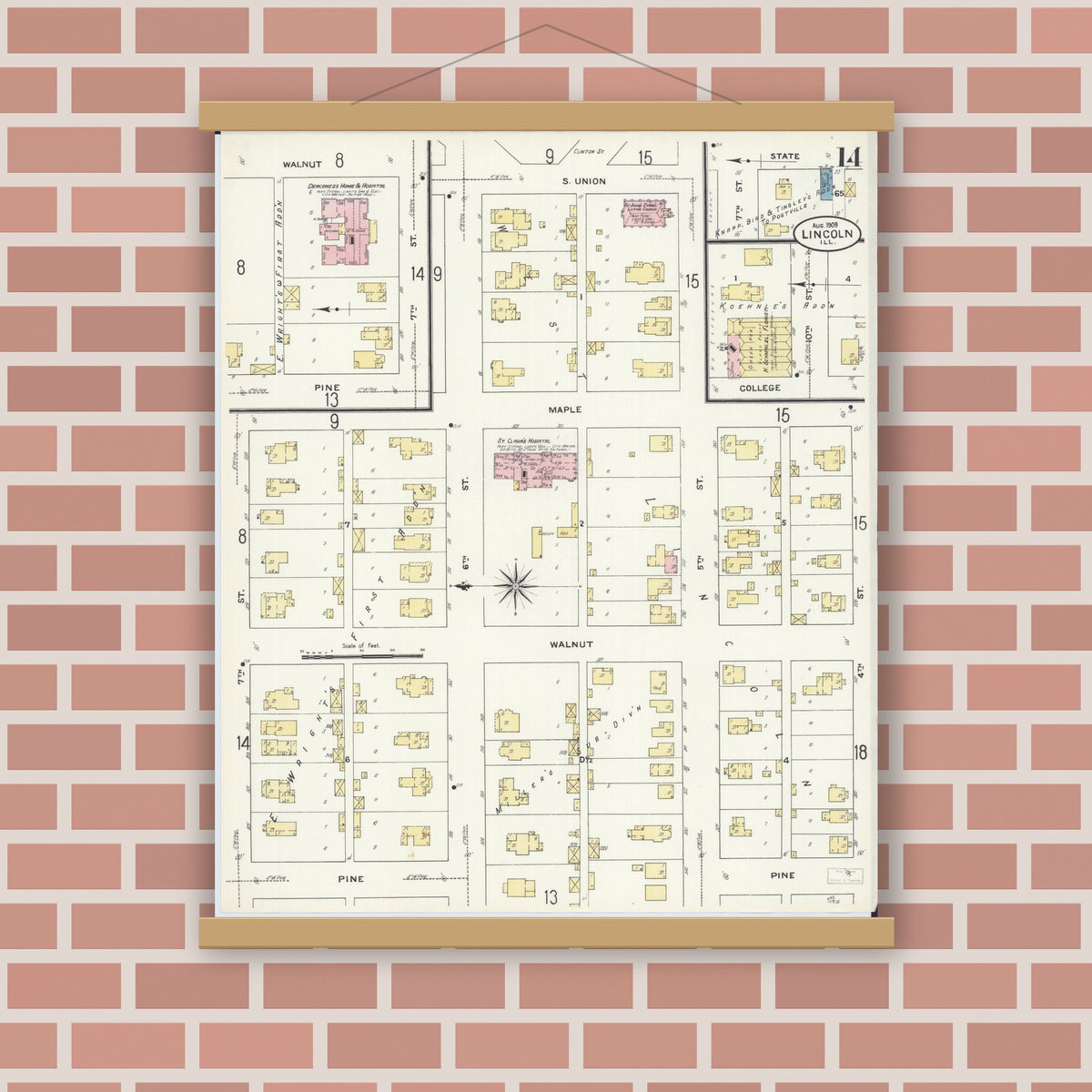 Old map wall art mockup — magnetic wood frame on brick wall — Sanborn Fire Insurance Map from Lincoln, Logan County, Illinois (1909), Sheet #0014