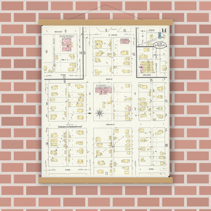Old map wall art mockup — magnetic wood frame on brick wall — Sanborn Fire Insurance Map from Lincoln, Logan County, Illinois (1909), Sheet #0014