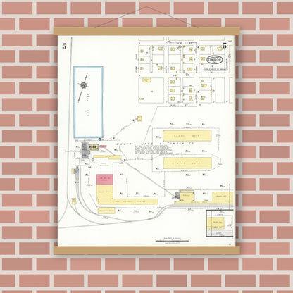 Old map wall art mockup — magnetic wood frame on brick wall — Sanborn Fire Insurance Map from Conroe, Montgomery County, Texas (1923), Sheet #0005