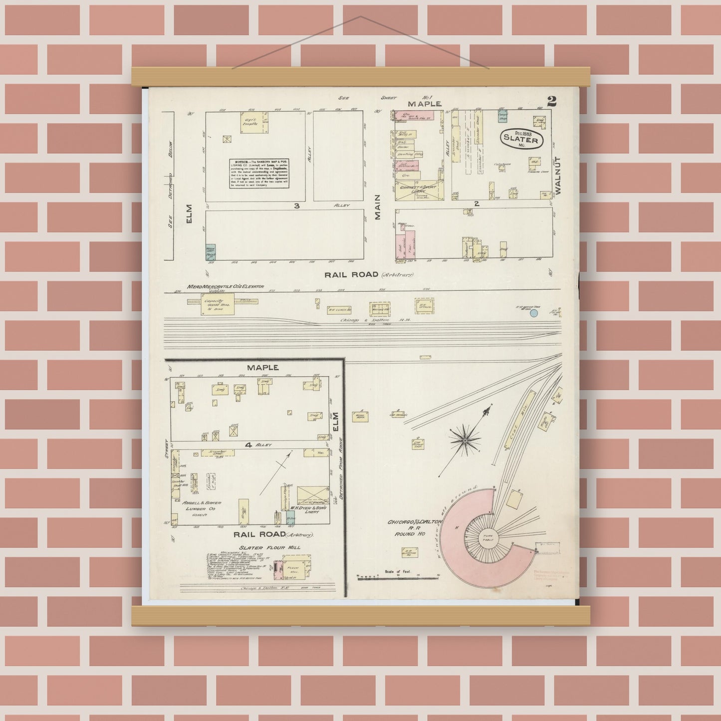 Old map wall art mockup — magnetic wood frame on brick wall — Sanborn Fire Insurance Map from Slater, Saline County, Missouri (1883), Sheet #0002