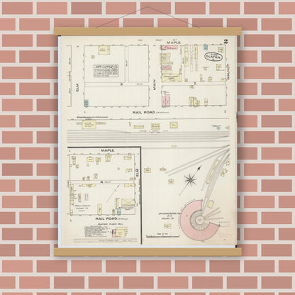 Old map wall art mockup — magnetic wood frame on brick wall — Sanborn Fire Insurance Map from Slater, Saline County, Missouri (1883), Sheet #0002