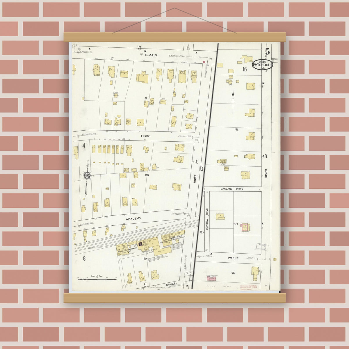 Old map wall art mockup — magnetic wood frame on brick wall — Sanborn Fire Insurance Map from Patchogue, Suffolk County, New York (1916), Sheet #0005