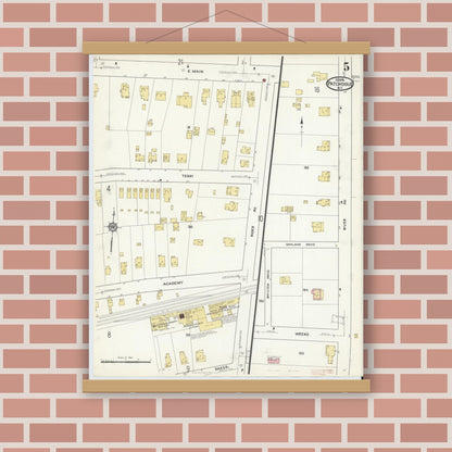 Old map wall art mockup — magnetic wood frame on brick wall — Sanborn Fire Insurance Map from Patchogue, Suffolk County, New York (1916), Sheet #0005
