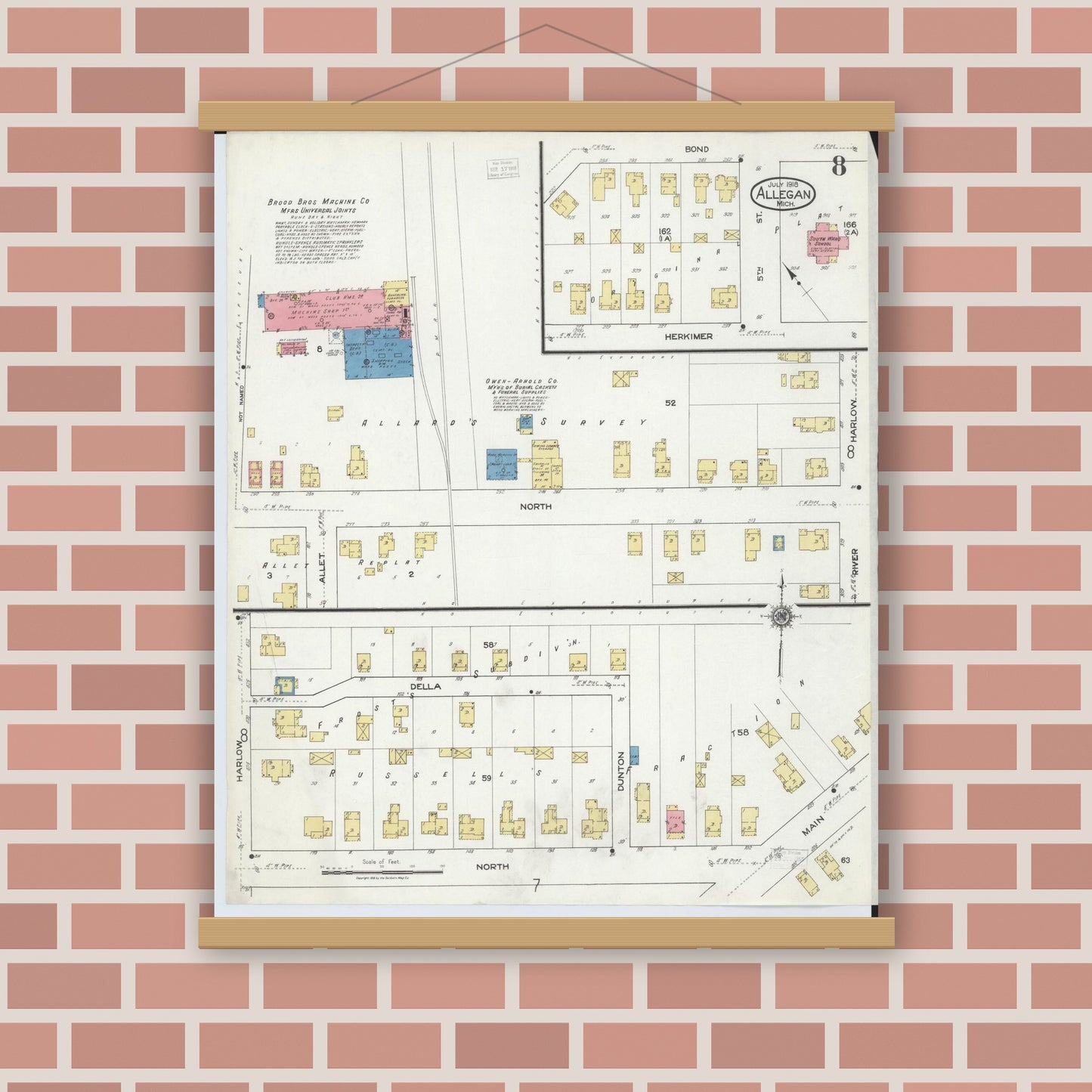 Old map wall art mockup — magnetic wood frame on brick wall — Sanborn Fire Insurance Map from Allegan, Allegan County, Michigan (1918), Sheet #0008