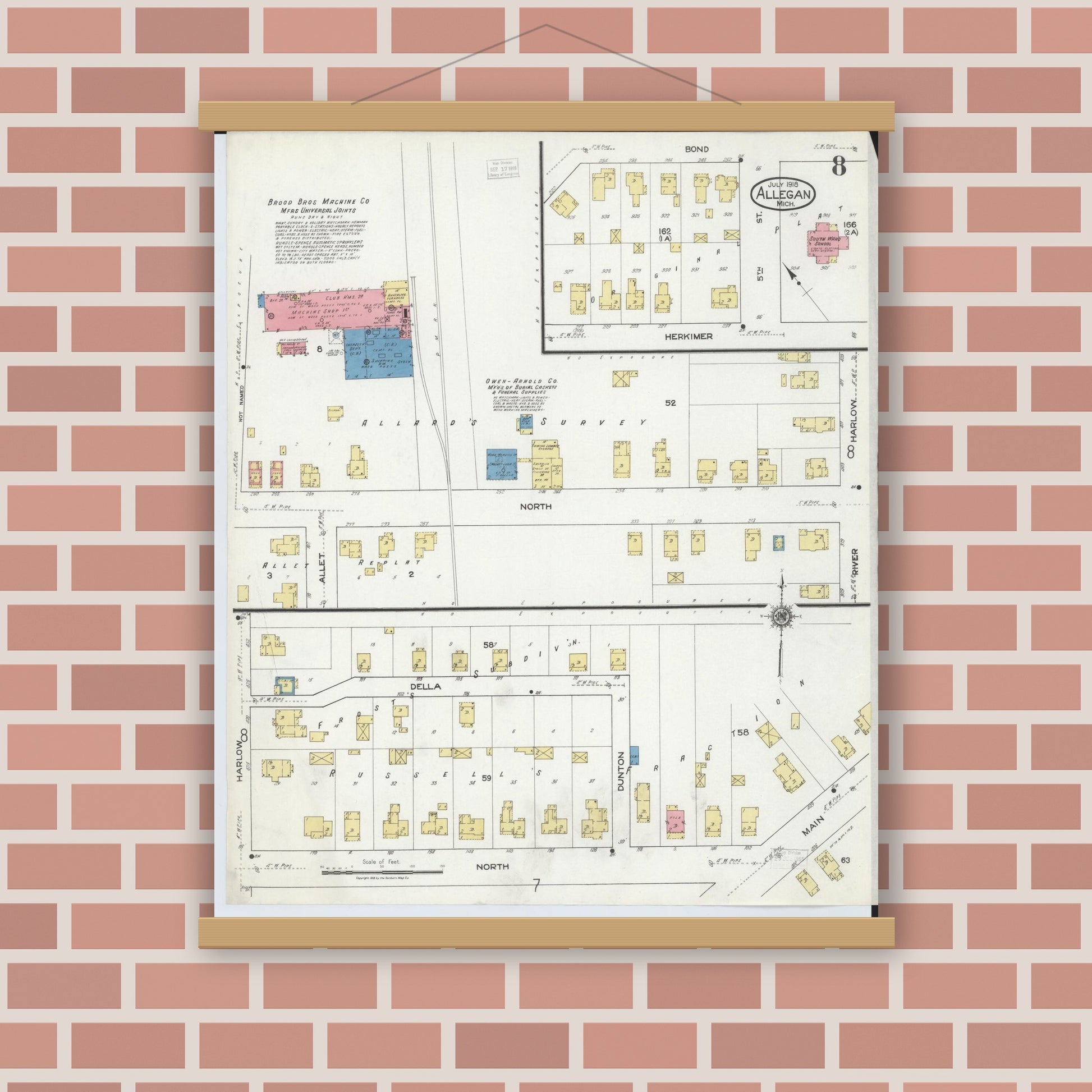 Old map wall art mockup — magnetic wood frame on brick wall — Sanborn Fire Insurance Map from Allegan, Allegan County, Michigan (1918), Sheet #0008