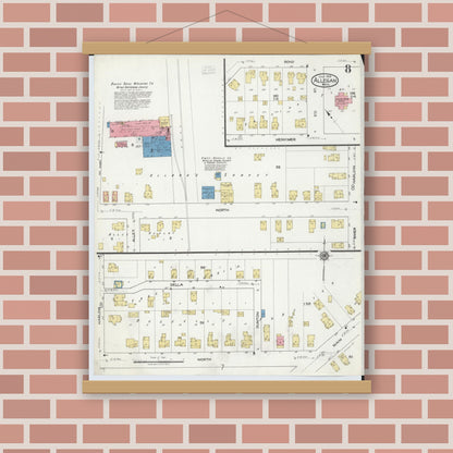 Old map wall art mockup — magnetic wood frame on brick wall — Sanborn Fire Insurance Map from Allegan, Allegan County, Michigan (1918), Sheet #0008
