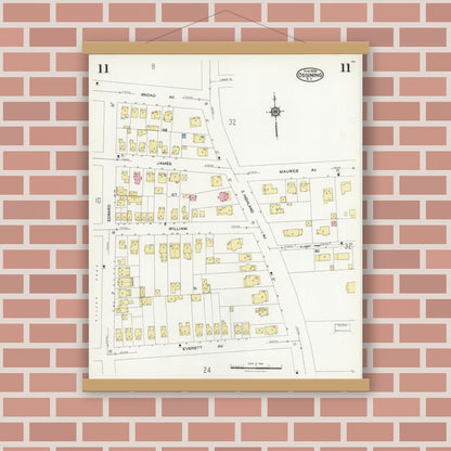 Old map wall art mockup — magnetic wood frame on brick wall — Sanborn Fire Insurance Map from Ossining, Westchester County, New York (1924), Sheet #0011