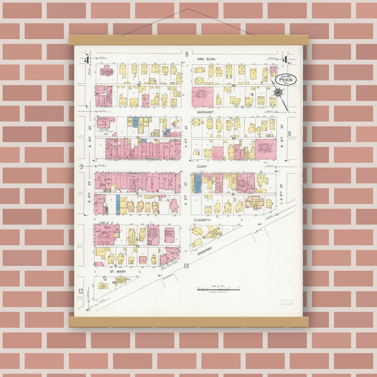 Old map wall art mockup — magnetic wood frame on brick wall — Sanborn Fire Insurance Map from Pekin, Tazewell County, Illinois (1925), Sheet #0004