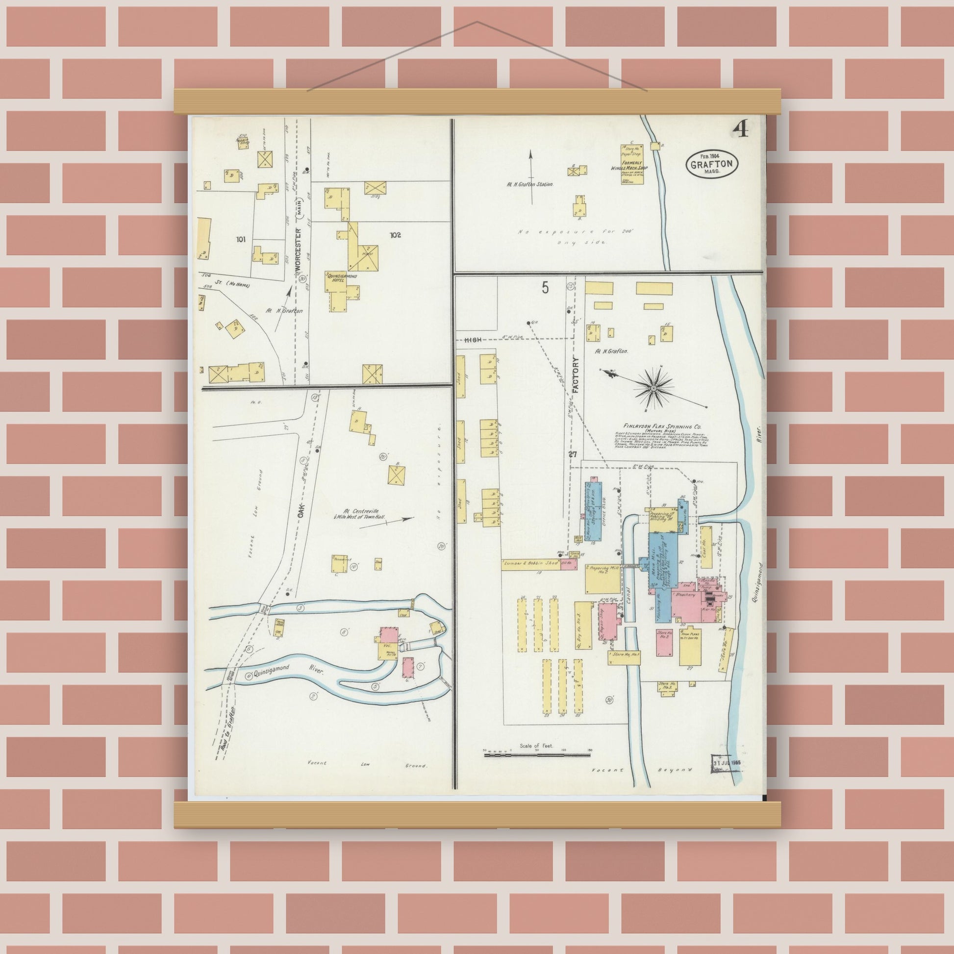 Old map wall art mockup — magnetic wood frame on brick wall — Sanborn Fire Insurance Map from Grafton, Worcester County, Massachusetts (1904), Sheet #0004