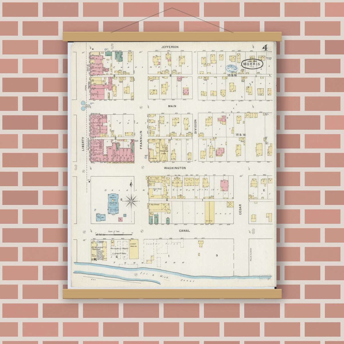 Old map wall art mockup — magnetic wood frame on brick wall — Sanborn Fire Insurance Map from Morris, Grundy County, Illinois (1894), Sheet #0004