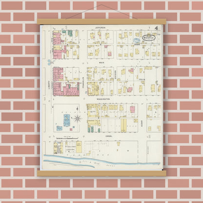 Old map wall art mockup — magnetic wood frame on brick wall — Sanborn Fire Insurance Map from Morris, Grundy County, Illinois (1894), Sheet #0004