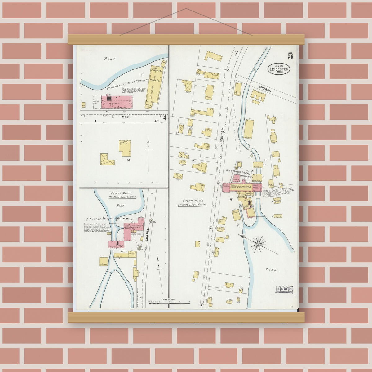 Old map wall art mockup — magnetic wood frame on brick wall — Sanborn Fire Insurance Map from Leicester, Worcester County, Massachusetts (1889), Sheet #0005