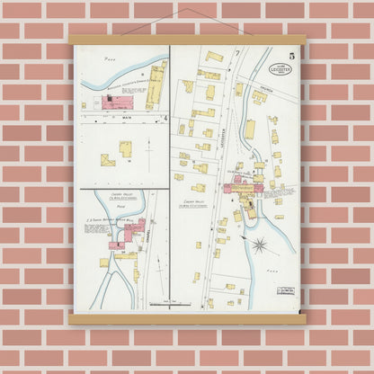 Old map wall art mockup — magnetic wood frame on brick wall — Sanborn Fire Insurance Map from Leicester, Worcester County, Massachusetts (1889), Sheet #0005