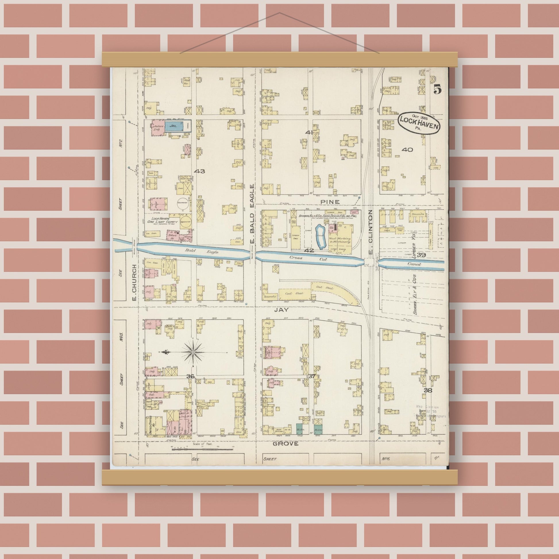 Old map wall art mockup — magnetic wood frame on brick wall — Sanborn Fire Insurance Map from Lock Haven, Clinton County, Pennsylvania (1885), Sheet #0005