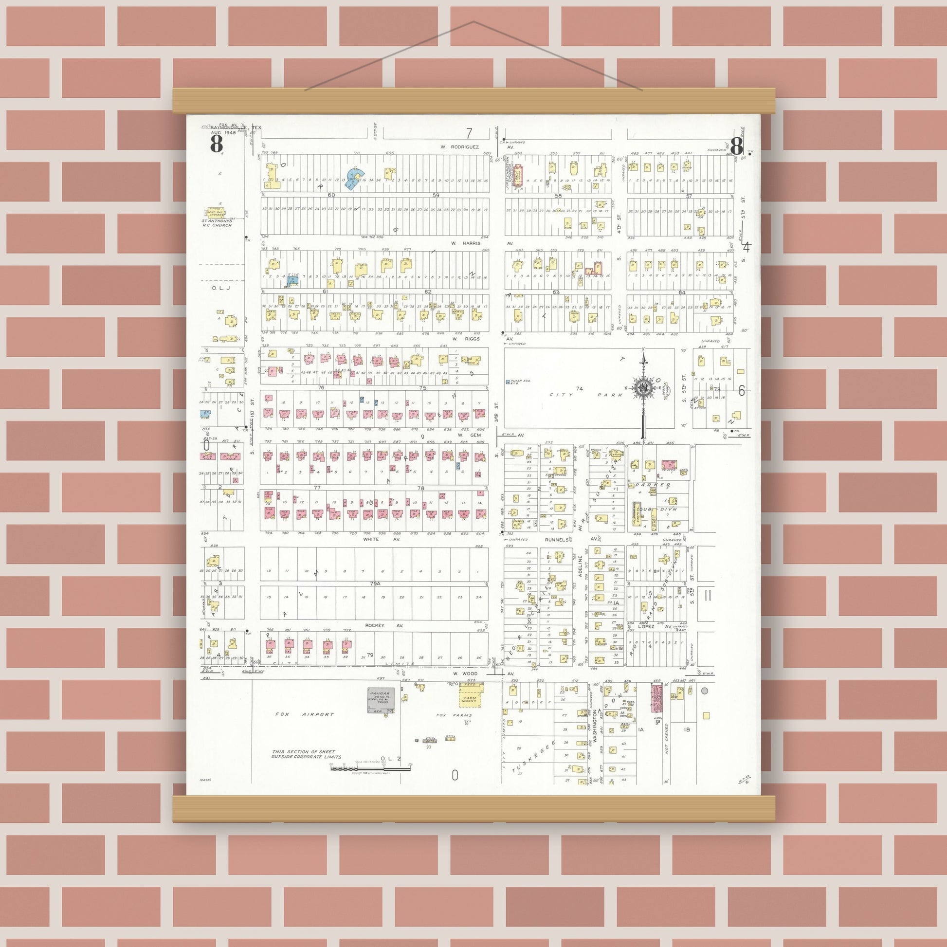 Old map wall art mockup — magnetic wood frame on brick wall — Sanborn Fire Insurance Map from Raymondville, Willacy County, Texas (1948), Sheet #0008