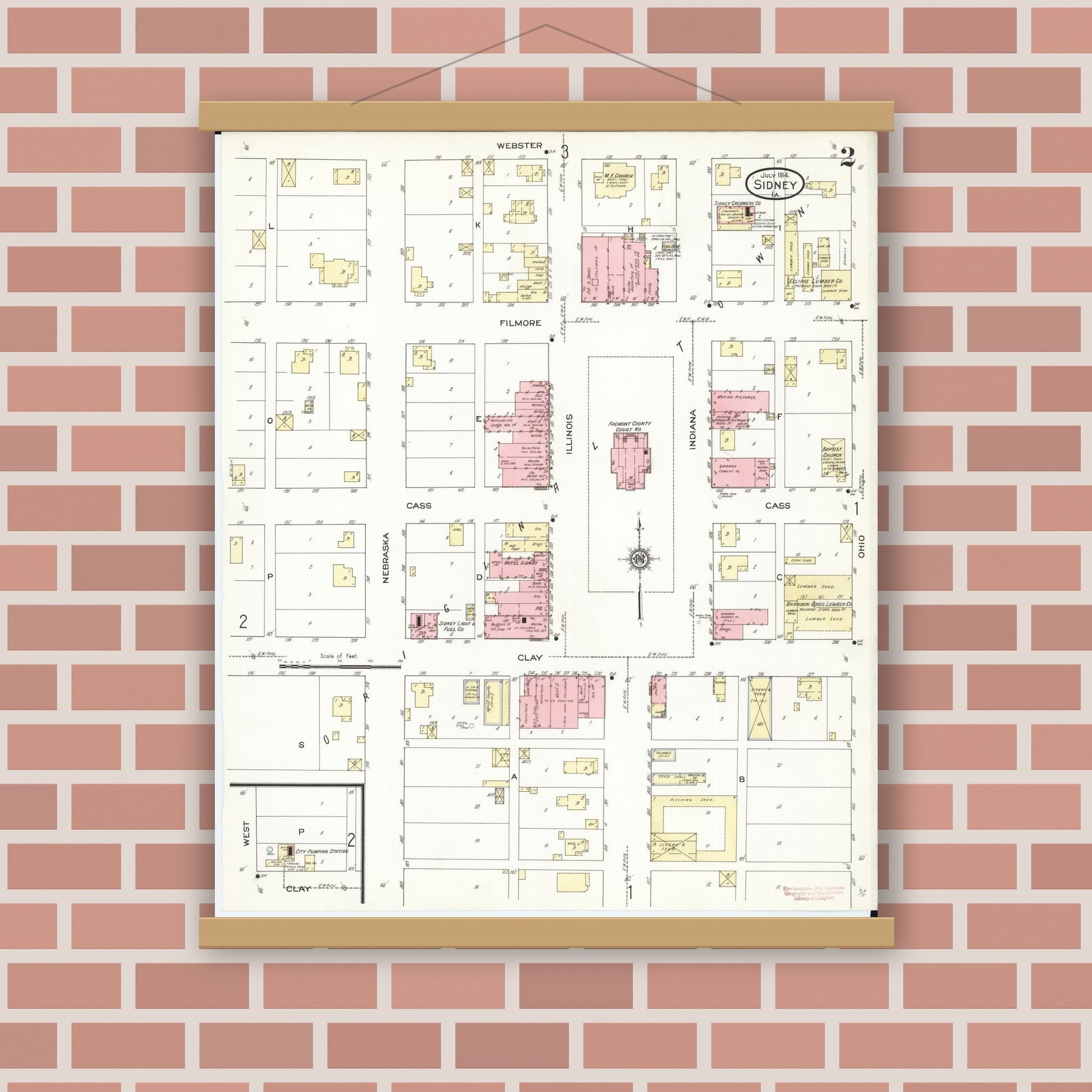 Old map wall art mockup — magnetic wood frame on brick wall — Sanborn Fire Insurance Map from Sidney, Fremont County, Iowa (1914), Sheet #0002