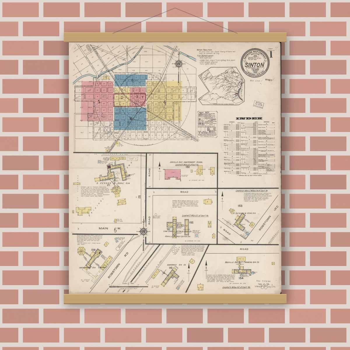 Old map wall art mockup — magnetic wood frame on brick wall — Sanborn Fire Insurance Map from Sinton, San Patricio County, Texas (1922) - Complete Map Set