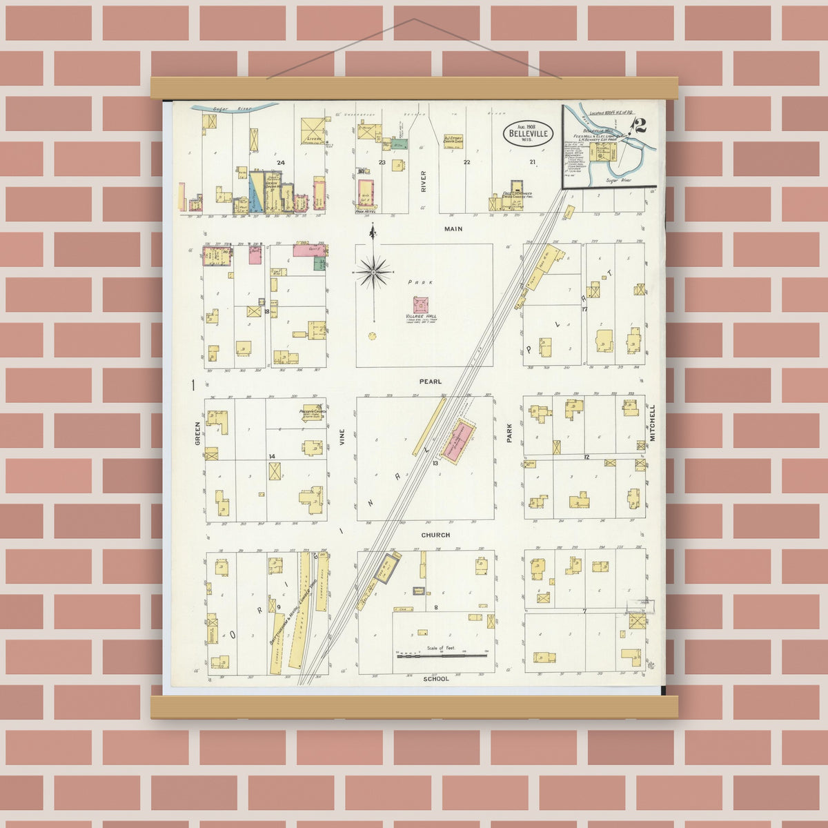 Old map wall art mockup — magnetic wood frame on brick wall — Sanborn Fire Insurance Map from Belleville, Dane County, Wisconsin (1908), Sheet #0002