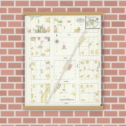 Old map wall art mockup — magnetic wood frame on brick wall — Sanborn Fire Insurance Map from Belleville, Dane County, Wisconsin (1908), Sheet #0002