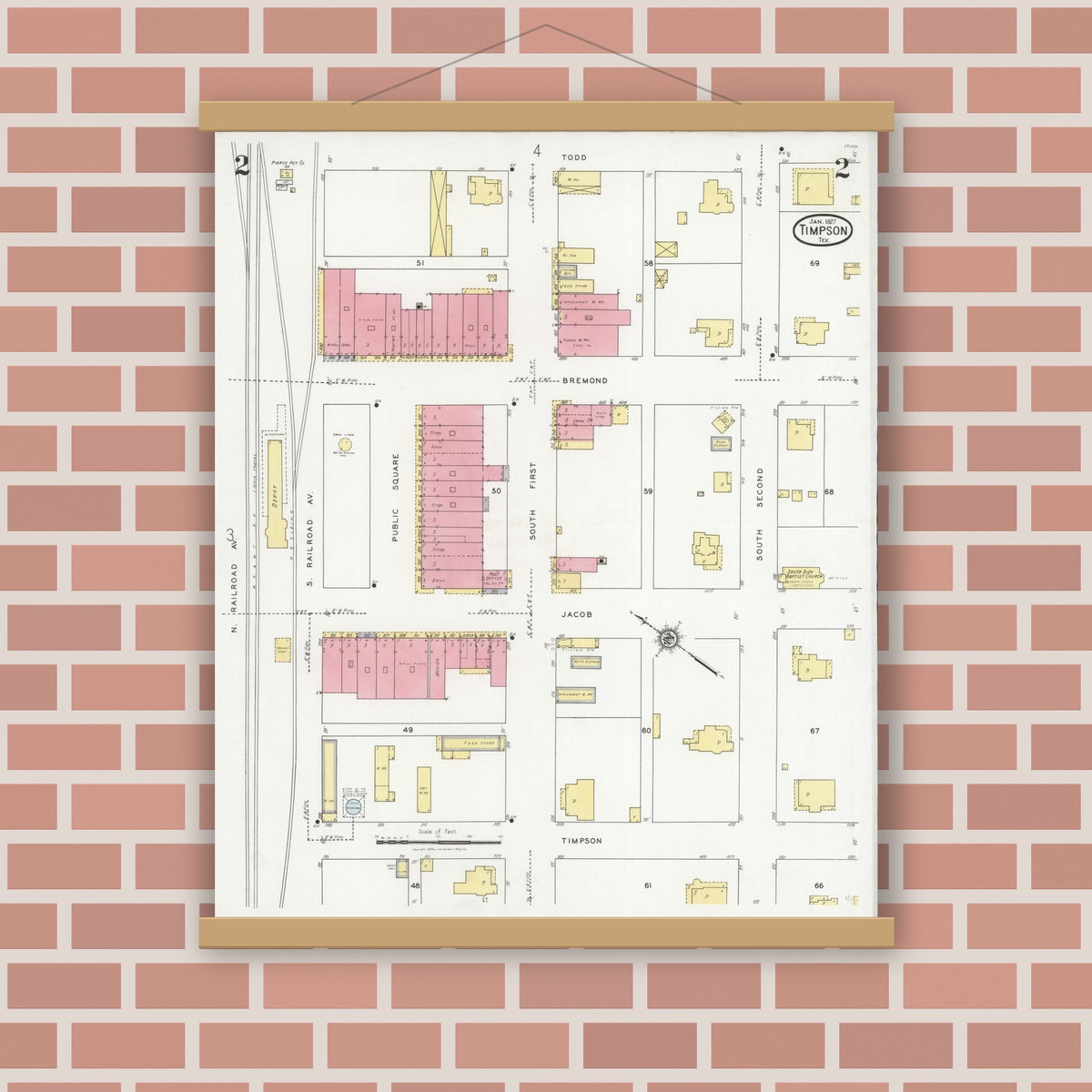 Old map wall art mockup — magnetic wood frame on brick wall — Sanborn Fire Insurance Map from Timpson, Shelby County, Texas (1927), Sheet #0002