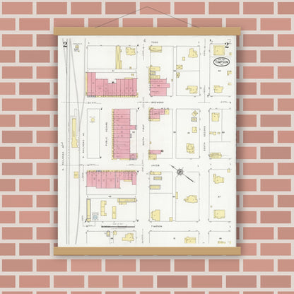 Old map wall art mockup — magnetic wood frame on brick wall — Sanborn Fire Insurance Map from Timpson, Shelby County, Texas (1927), Sheet #0002