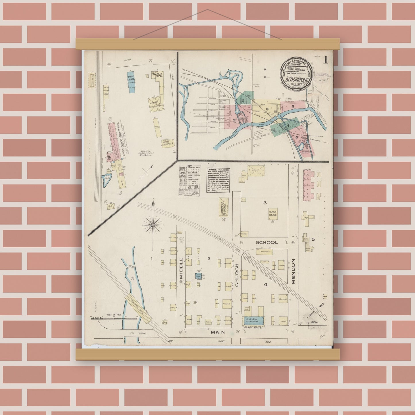 Old map wall art mockup — magnetic wood frame on brick wall — Sanborn Fire Insurance Map from Blackstone, Worcester County, Massachusetts (1885) - Complete Map Set