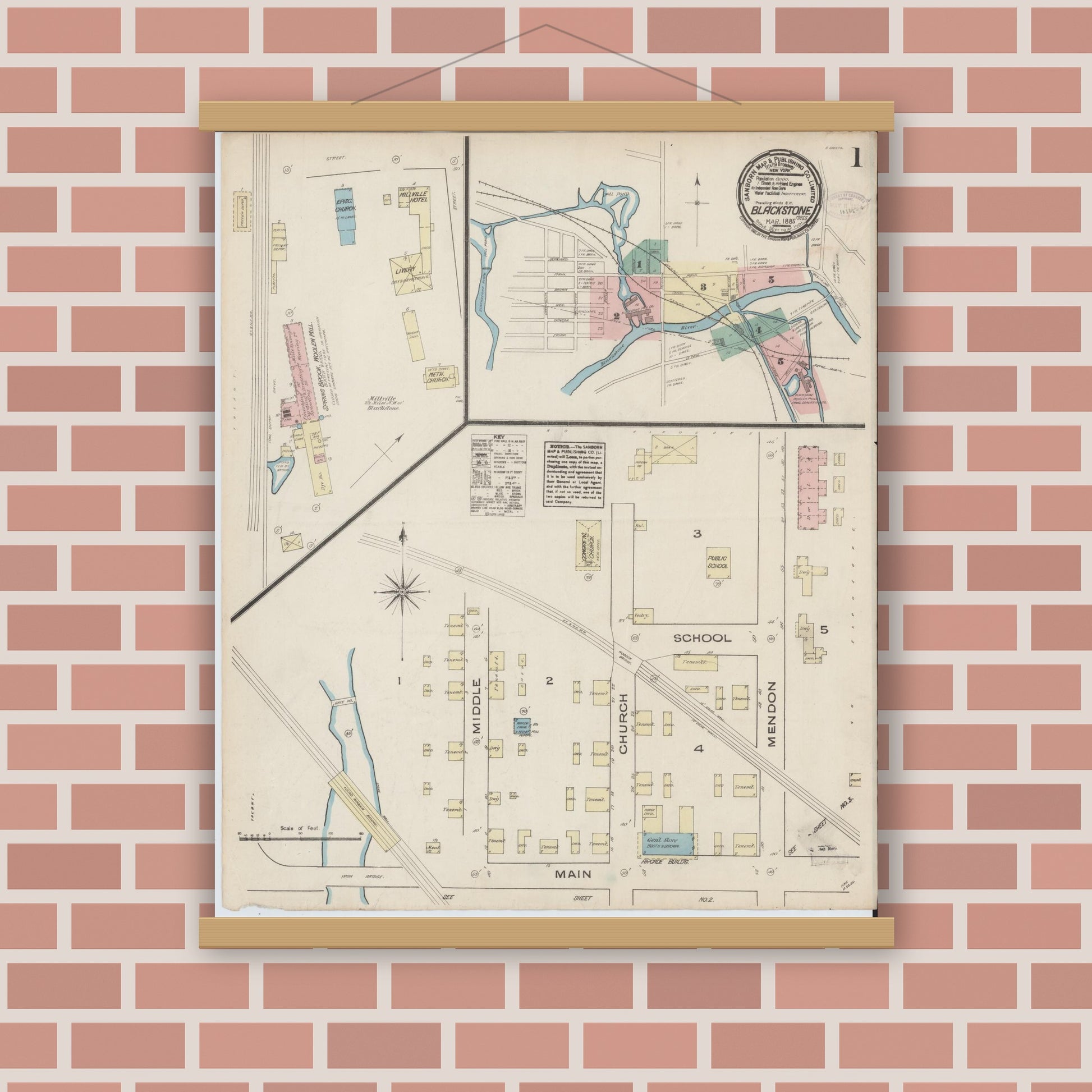 Old map wall art mockup — magnetic wood frame on brick wall — Sanborn Fire Insurance Map from Blackstone, Worcester County, Massachusetts (1885) - Complete Map Set