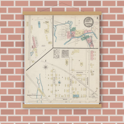 Old map wall art mockup — magnetic wood frame on brick wall — Sanborn Fire Insurance Map from Blackstone, Worcester County, Massachusetts (1885) - Complete Map Set