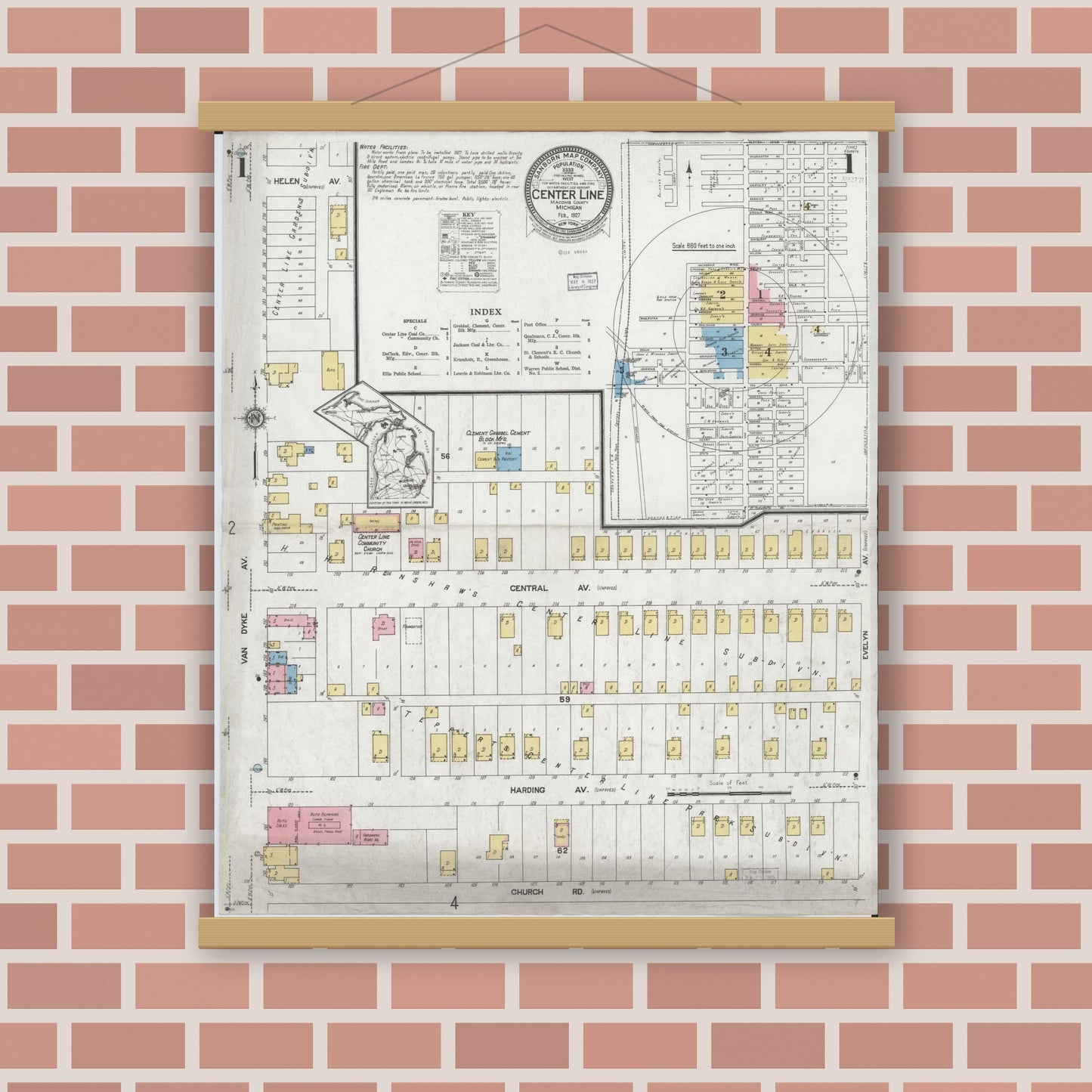 Old map wall art mockup — magnetic wood frame on brick wall — Sanborn Fire Insurance Map from Center Line, Macomb County, Michigan (1927), Sheet #0001