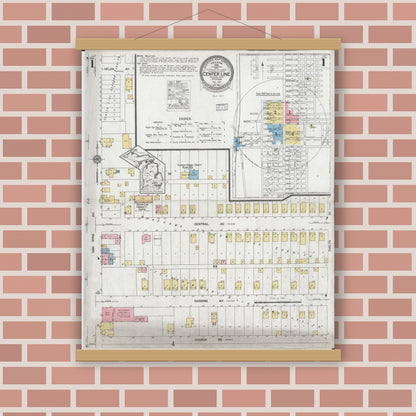 Old map wall art mockup — magnetic wood frame on brick wall — Sanborn Fire Insurance Map from Center Line, Macomb County, Michigan (1927), Sheet #0001