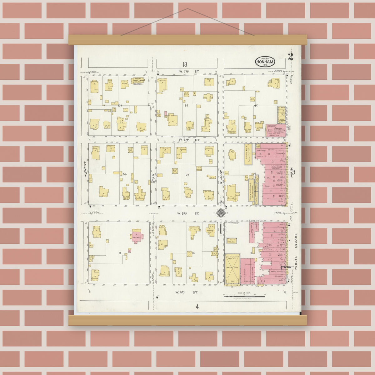 Old map wall art mockup — magnetic wood frame on brick wall — Sanborn Fire Insurance Map from Bonham, Fannin County, Texas (1917), Sheet #0002