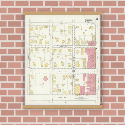 Old map wall art mockup — magnetic wood frame on brick wall — Sanborn Fire Insurance Map from Bonham, Fannin County, Texas (1917), Sheet #0002