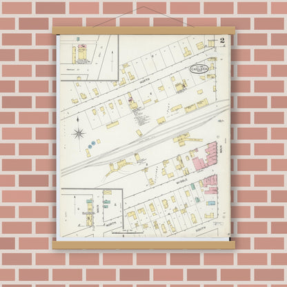 Old map wall art mockup — magnetic wood frame on brick wall — Sanborn Fire Insurance Map from Chelsea, Washtenaw County, Michigan (1892), Sheet #0002