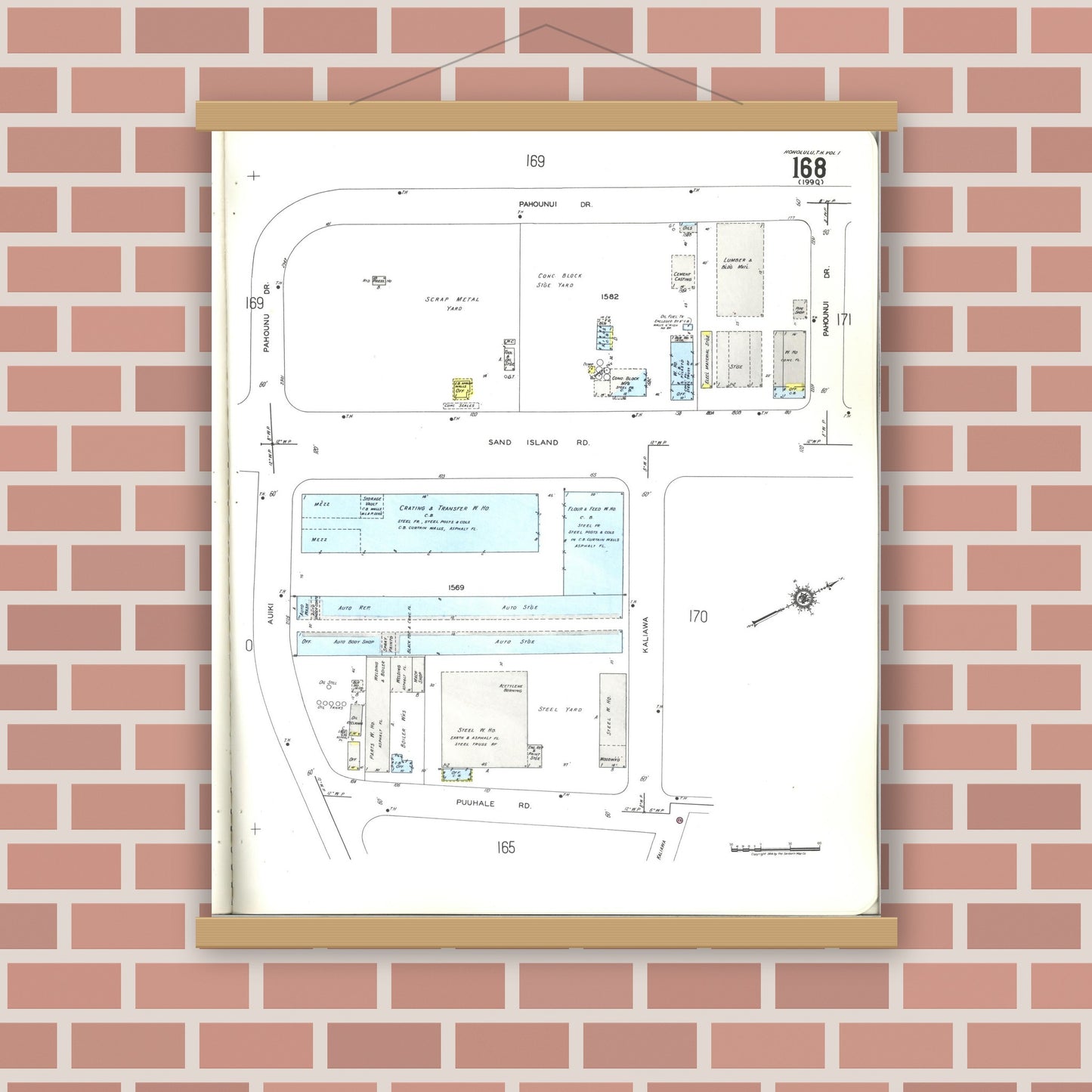 Old map wall art mockup — magnetic wood frame on brick wall — Sanborn Fire Insurance Map from Honolulu, Oahu County, Hawaii (1955), Sheet #0168