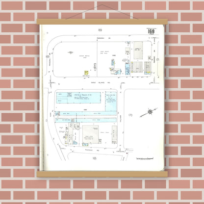 Old map wall art mockup — magnetic wood frame on brick wall — Sanborn Fire Insurance Map from Honolulu, Oahu County, Hawaii (1955), Sheet #0168