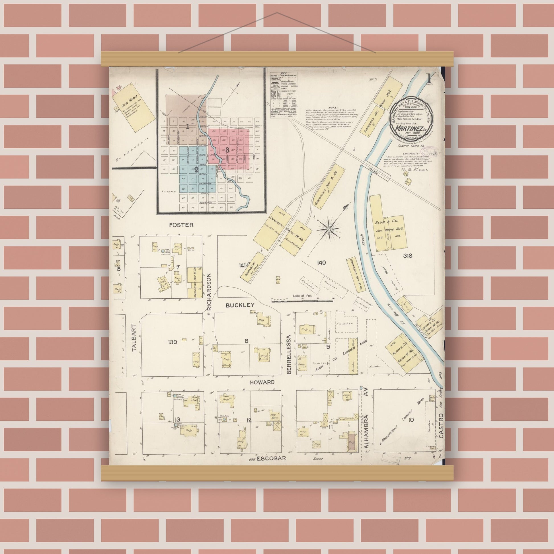 Old map wall art mockup — magnetic wood frame on brick wall — Sanborn Fire Insurance Map from Martinez, Contra Costa County, California (1888) - Complete Map Set