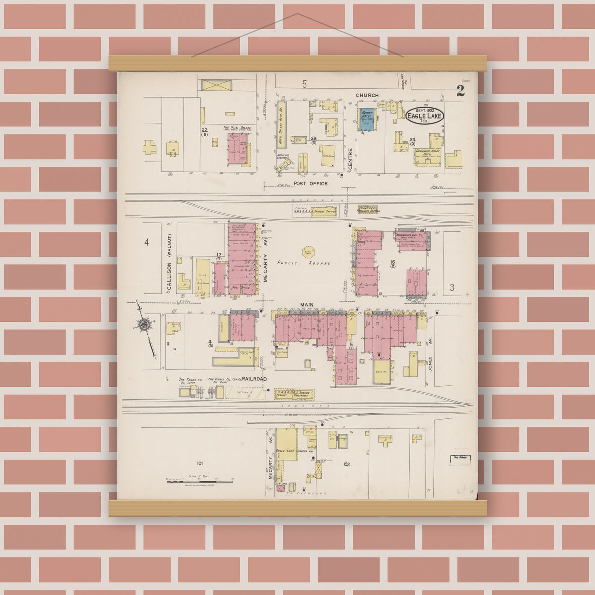 Old map wall art mockup — magnetic wood frame on brick wall — Sanborn Fire Insurance Map from Eagle Lake, Colorado County, Texas (1922), Sheet #0002