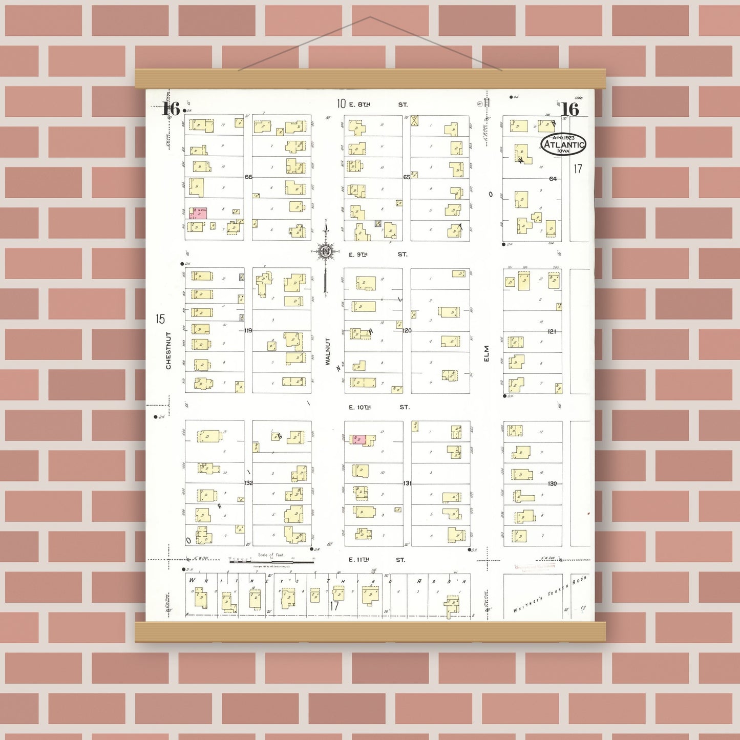 Old map wall art mockup — magnetic wood frame on brick wall — Sanborn Fire Insurance Map from Atlantic, Cass County, Iowa (1923), Sheet #0016