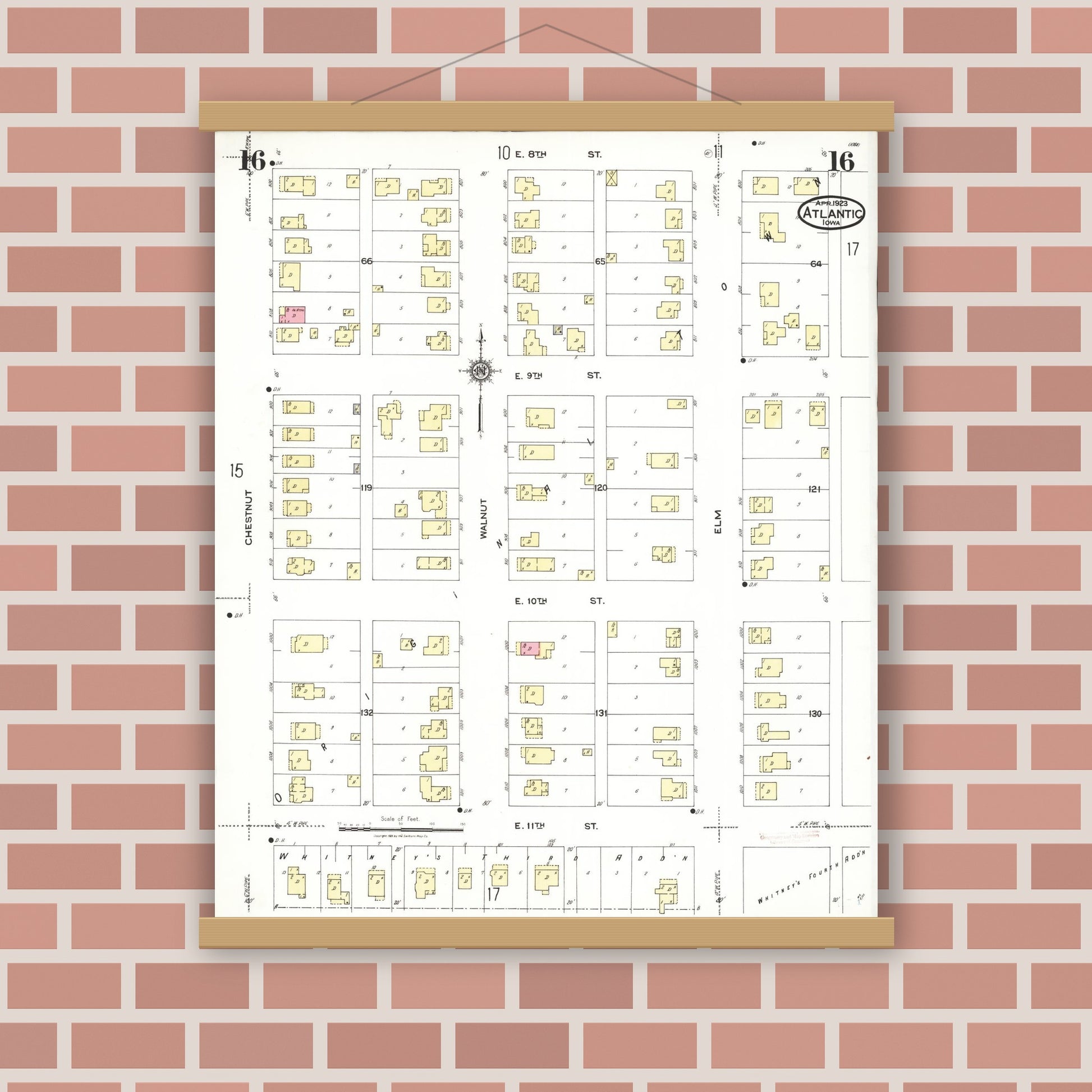 Old map wall art mockup — magnetic wood frame on brick wall — Sanborn Fire Insurance Map from Atlantic, Cass County, Iowa (1923), Sheet #0016