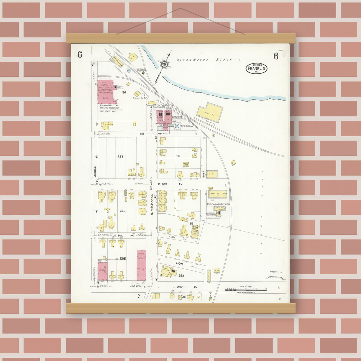 Old map wall art mockup — magnetic wood frame on brick wall — Sanborn Fire Insurance Map from Franklin, Independent Cities, Virginia (1923), Sheet #0006