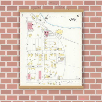 Old map wall art mockup — magnetic wood frame on brick wall — Sanborn Fire Insurance Map from Franklin, Independent Cities, Virginia (1923), Sheet #0006