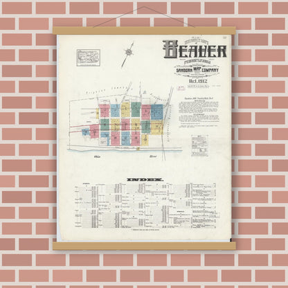 Old map wall art mockup — magnetic wood frame on brick wall — Sanborn Fire Insurance Map from Beaver, Beaver County, Pennsylvania (1912) - Complete Map Set