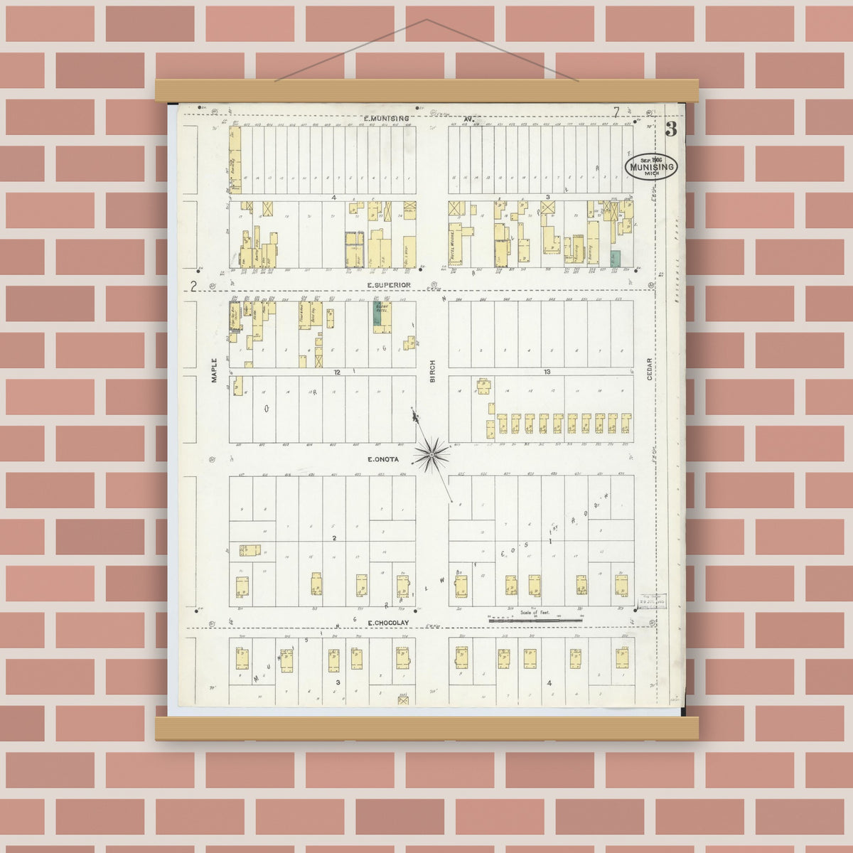 Old map wall art mockup — magnetic wood frame on brick wall — Sanborn Fire Insurance Map from Munising, Alger County, Michigan (1906), Sheet #0003