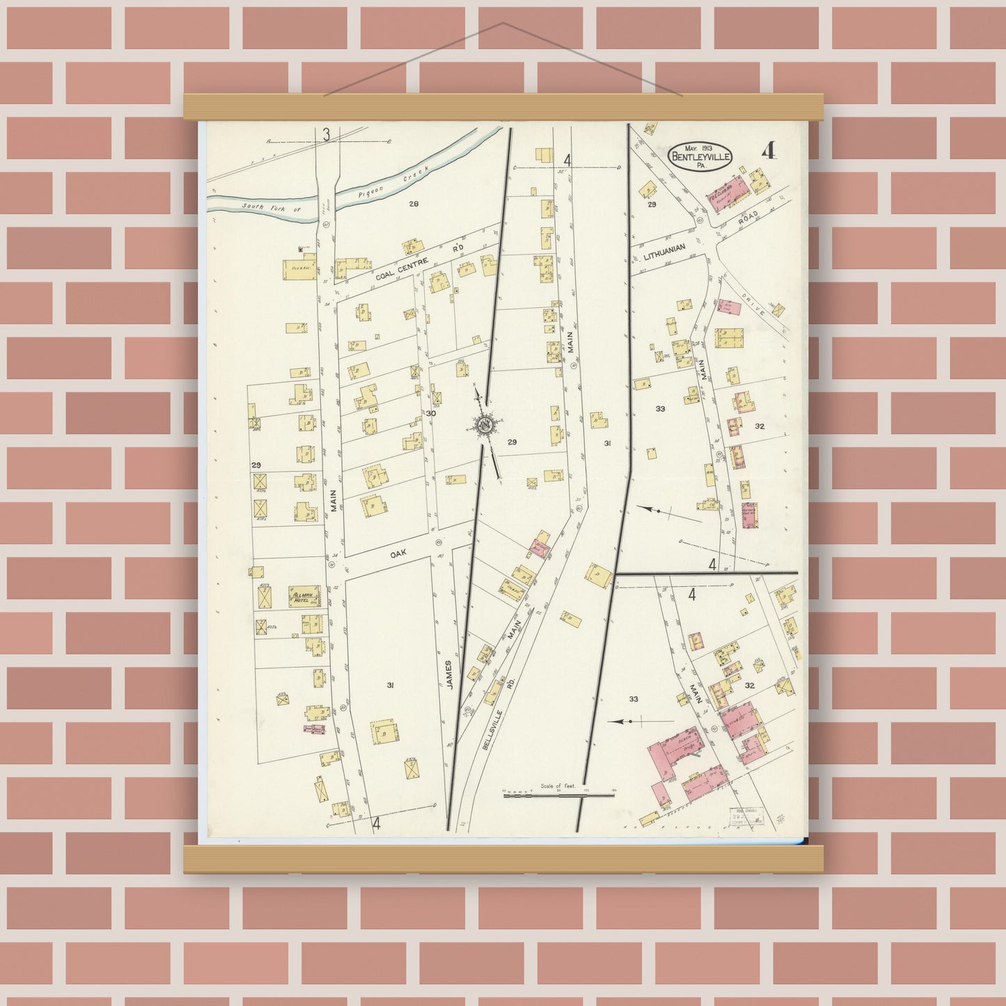 Old map wall art mockup — magnetic wood frame on brick wall — Sanborn Fire Insurance Map from Bentleyville, Washington County, Pennsylvania (1913), Sheet #0004